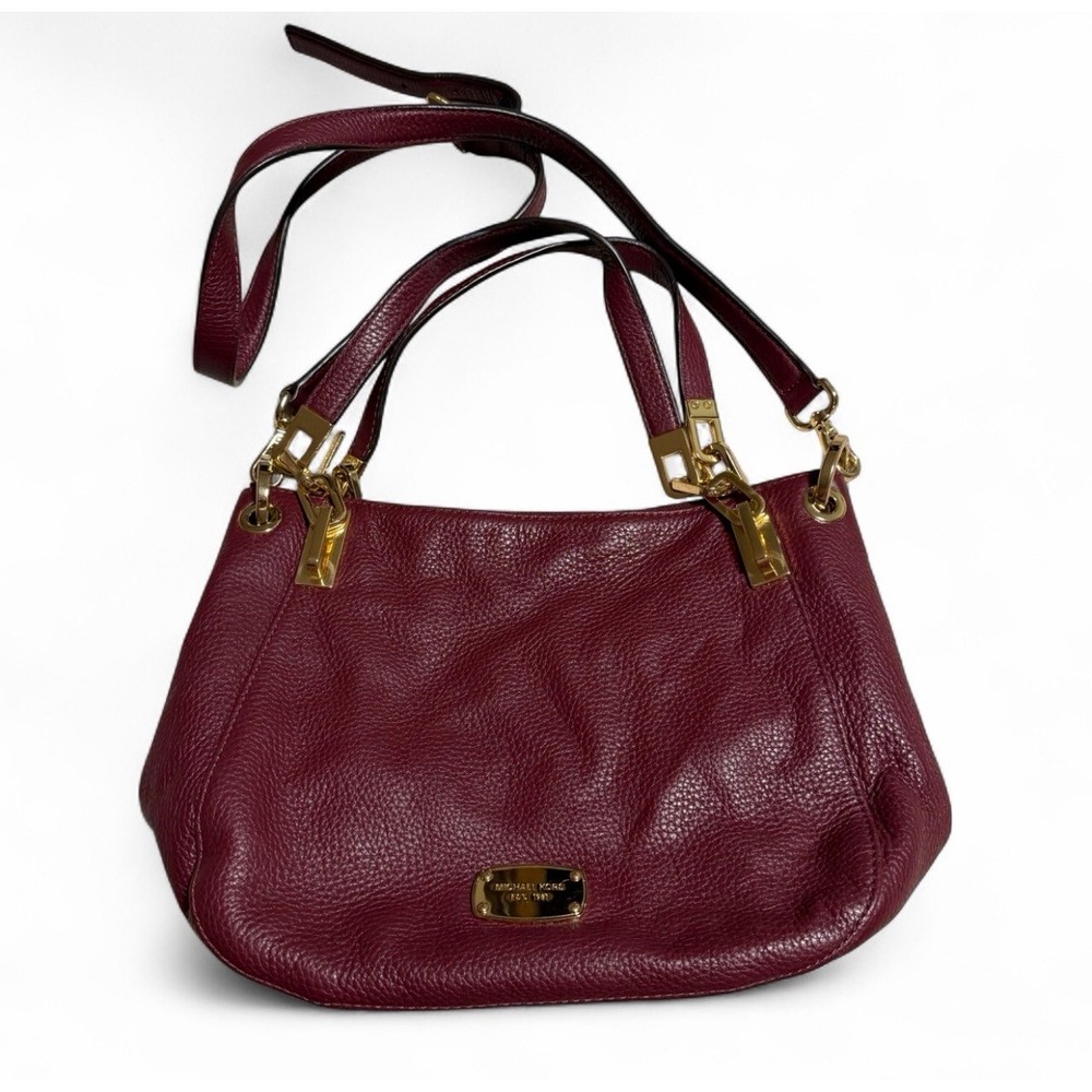 Michael Kors Brooke Large Pebbled Leather Satchel Shoulder Bag Burgundy Gold